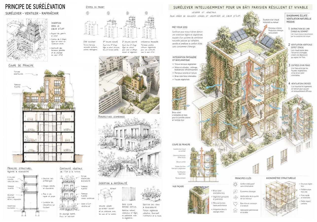 Projet de surélévation bioclimatique, Paris, 2026